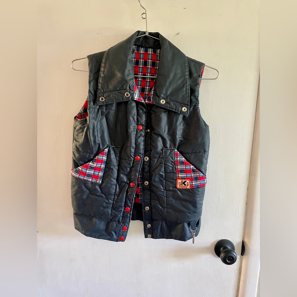 Vintage Insulated Vest Ski Way Navy Blue Red Plaid Retro 1970s sz Small